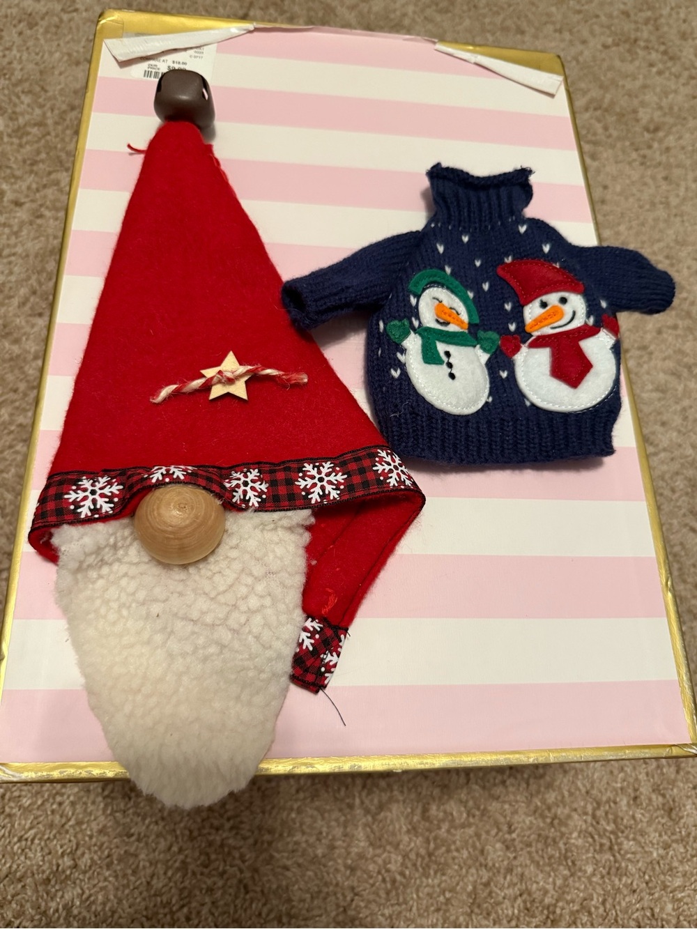 Set of 2 Wine Bottle Cozies | Red Gnome Hat & Navy Snowman Sweater Set